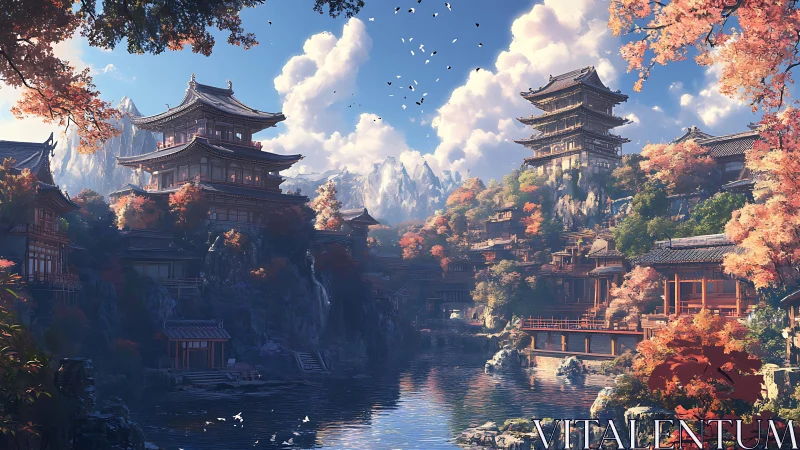 Tiered Japanese temples overlook reflective river valley