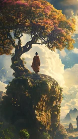 Solitary sage beneath bloom-lit sky of patient thunder.