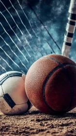 Basketball and baseball rest on gritty clay court surface.