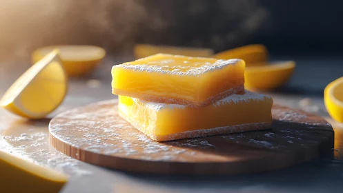 Lemon Bars with Powdered Sugar on Wooden Board.