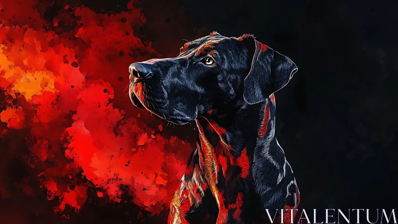 Digital portrait of black dog with red abstract backdrop.