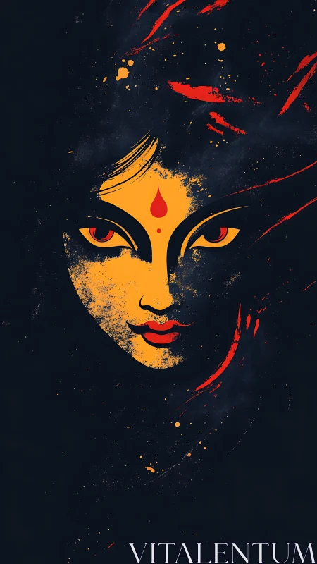 Divine feminine face glows against deep black void