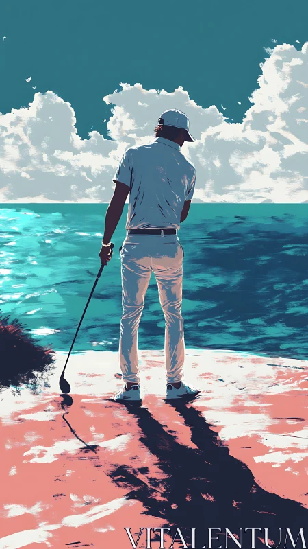 Sunlit seaside golfer pausing at the edge of the course.