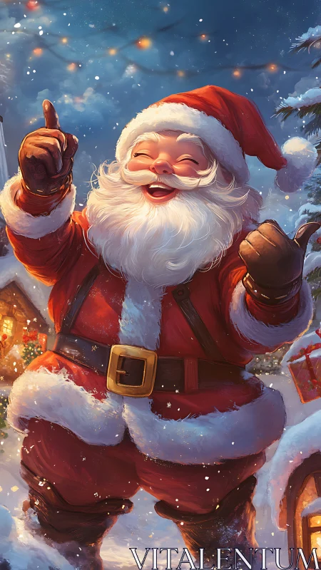 Jubilant Santa Claus in stylized winter village under warm lights
