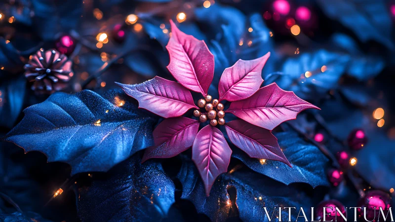 Macro study of illuminated poinsettia with cool bokeh contrast