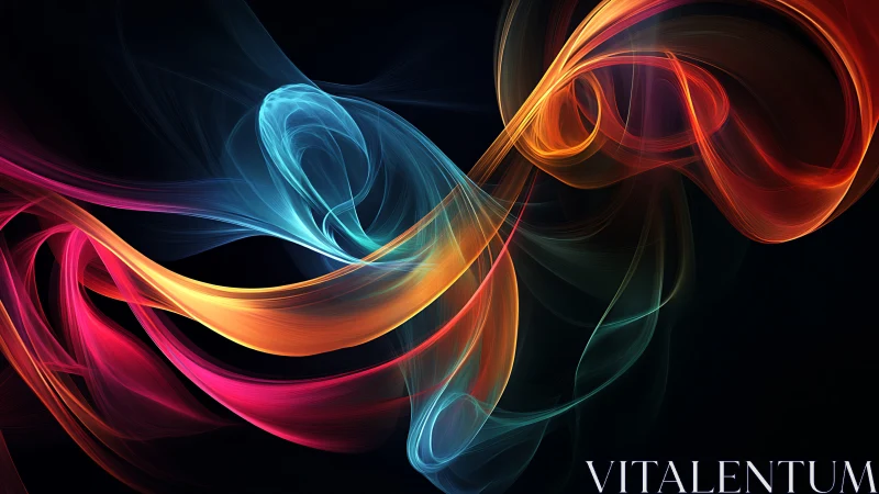 Vivid light ribbons swirl across a dark, atmospheric void