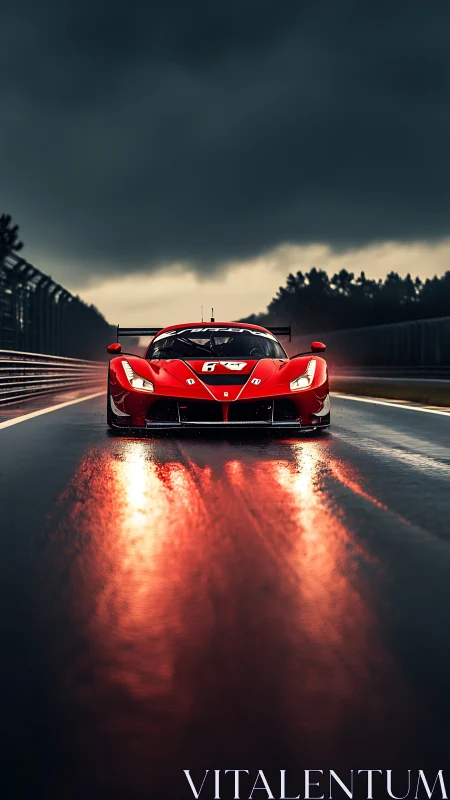 Red GT race car on wet circuit at dusk with reflective track