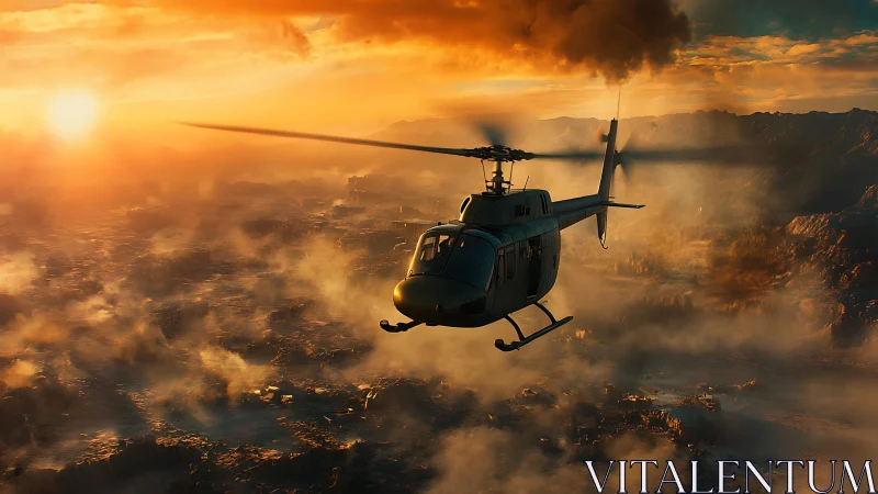 Military helicopter crosses smoldering city at cinematic sunset