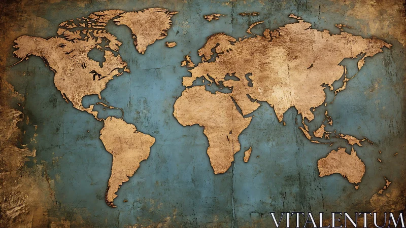 World map silhouette overlays textured blue and brown background