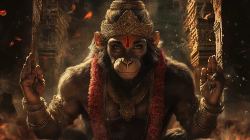 Divine monkey warrior sits in glowing temple sanctuary.
