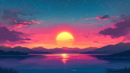 Vivid neon sunset sinks over tranquil mountain lake horizon.