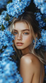 Blue hydrangea portrait frames luminous freckled beauty.