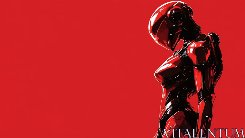 Red humanoid robot profile on stark monochrome field.