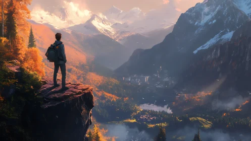 Backpacker overlooking autumn valley and snowcapped peaks.