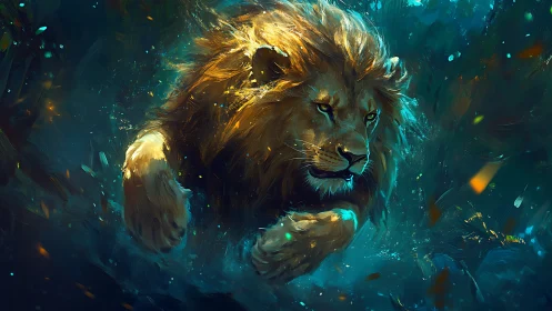 Majestic golden-maned lion racing through glowing waters.