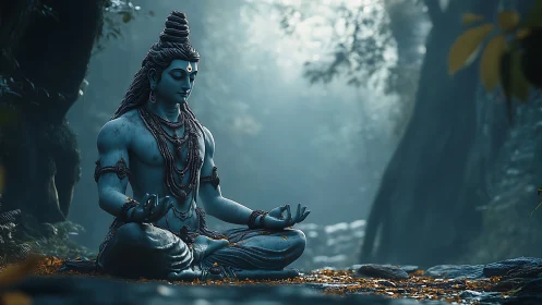 Meditating blue deity in mist-laden forest with cool teal light.