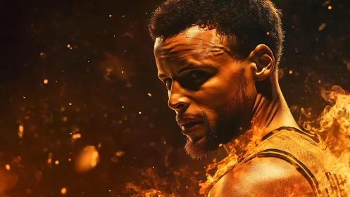 Digital portrait of basketball player amid dynamic fire effects