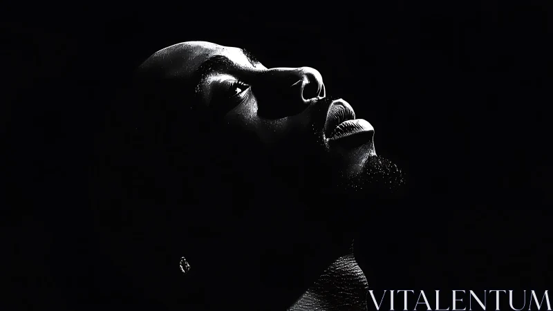 Side-lit male portrait in deep black negative space.