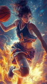 Fiery digital painting of intense female basketball drive.