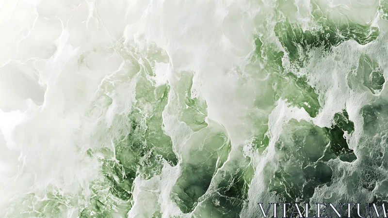 Abstract aerial view of foamy green ocean waves in soft tones.
