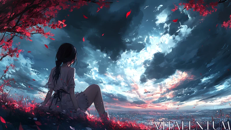 Solitary girl observing dramatic dusk sky from crimson hillscape