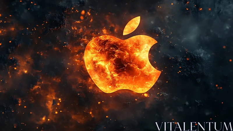 Fiery Apple Logo Emerging from Burning Debris Explosion