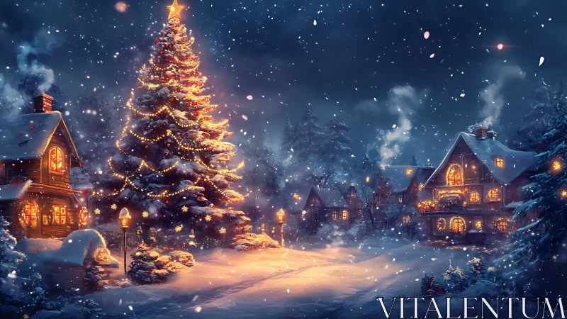 Snowy village Christmas tree glowing under a starlit sky.