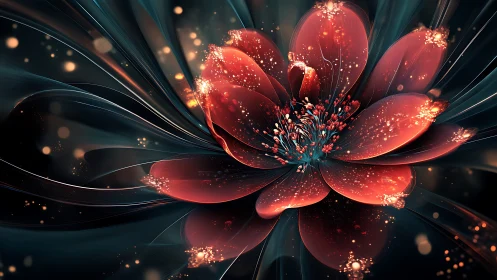 Digital red flower with glowing petals on dark abstract field.
