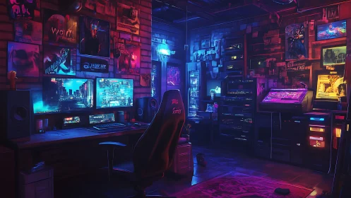 Cyberpunk gamer workstation glows with neon hardware.