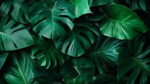 Overlapping dark green monstera foliage in dense arrangement.