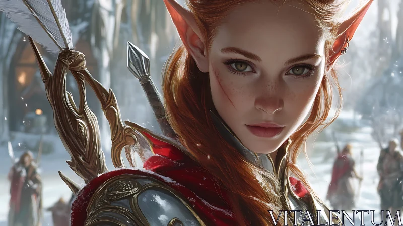 Red haired elf warrior faces viewer in detailed winter scene