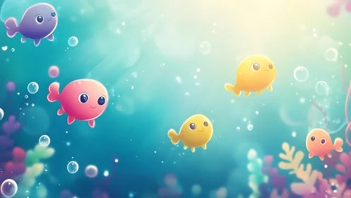 Friendly cartoon fish glide through a glowing underwater daydream