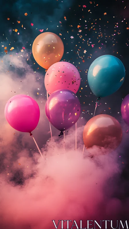 Colorful Balloons in Colored Smoke Against Dark Sky