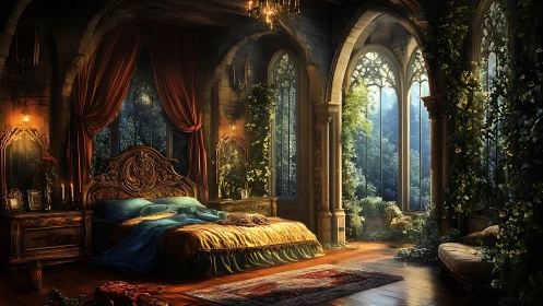 Gothic arbor bedroom with volumetric dawn illumination.