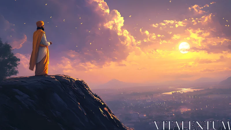 Peaceful sunset watcher overlooking a glowing valley view.