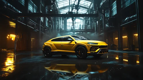 Yellow super SUV dominates moody industrial warehouse scene.