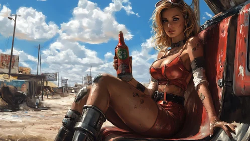 Post apocalyptic mechanic with cybernetic legs in desert outpost