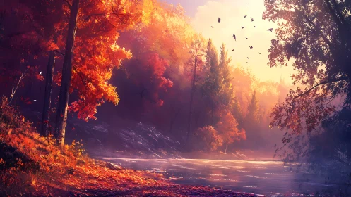 Luminous autumn river valley with dense foliage and birds