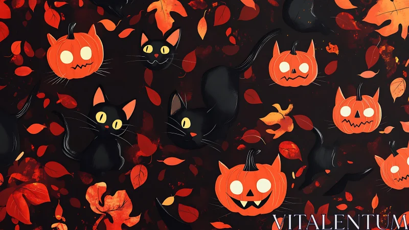 Black Cats and Jack-o'-Lanterns with Autumn Leaves Pattern