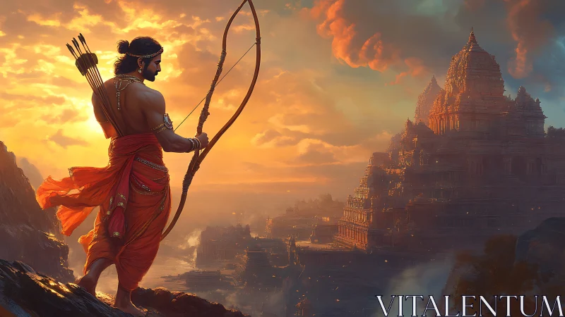 Archer deity overlooks stepped temple complex in volumetric sunset