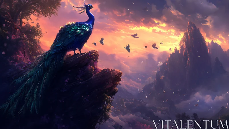 Skycrest peacock watching dawn ignite the floating peaks.