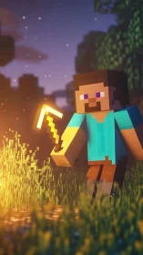 Voxel explorer with glowing pickaxe in cinematic dusk lighting