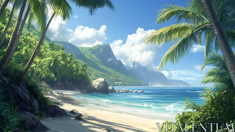Tropical Coastal Valley with Palm-Framed Beach and Turquoise Waters
