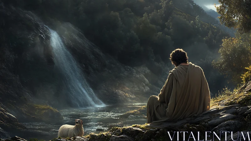 Solitary shepherd pauses where silver waterfall threads silence