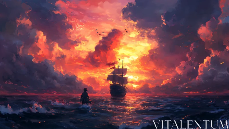 Storm-lit galleon sails toward blazing vermilion horizon.