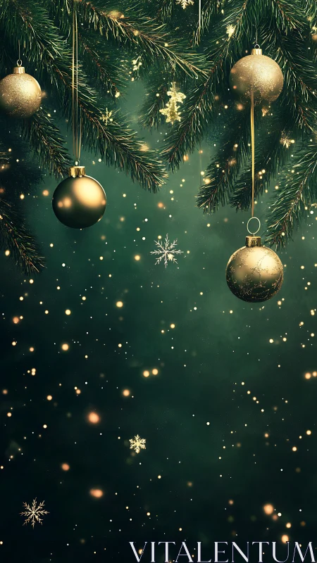 Golden baubles on evergreen branches with glittering bokeh field