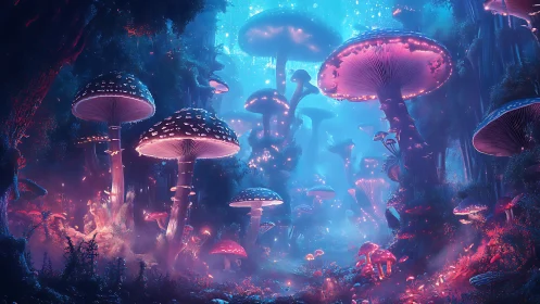 Bioluminescent megafungi forest under saturated cyan magenta glow