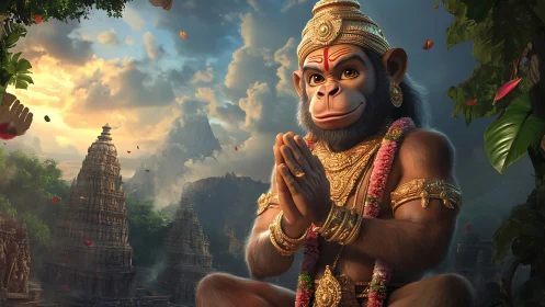 Devotional monkey deity poised before ancient temples.