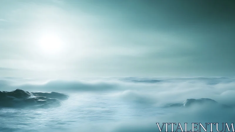 Glacial seascape under diffuse backlit sun with low atmospheric haze