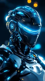 Futuristic blue-lit humanoid robot in reflective armor.
